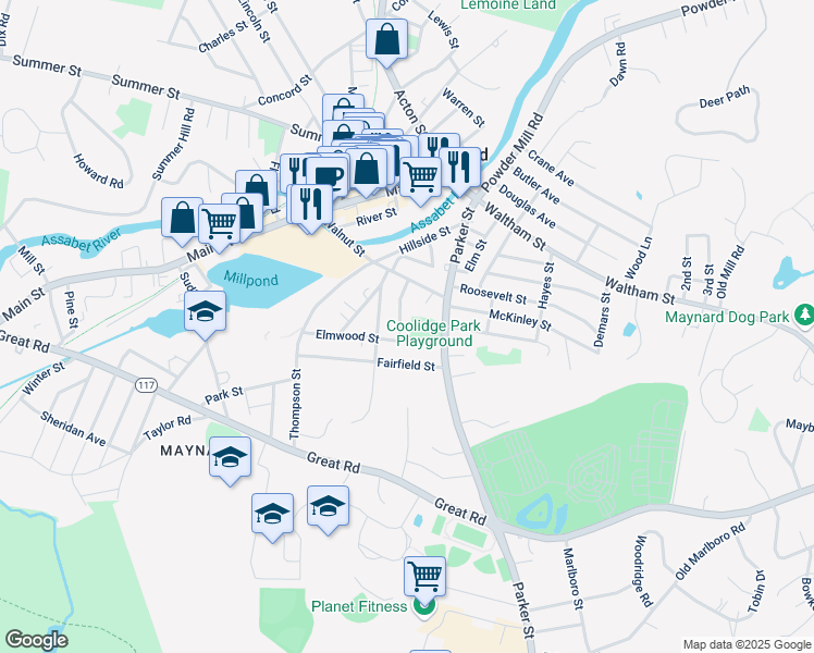 map of restaurants, bars, coffee shops, grocery stores, and more near 2 School Street in Maynard