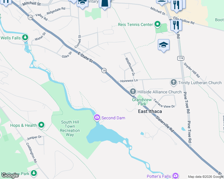map of restaurants, bars, coffee shops, grocery stores, and more near 3 Winners Circle in Ithaca