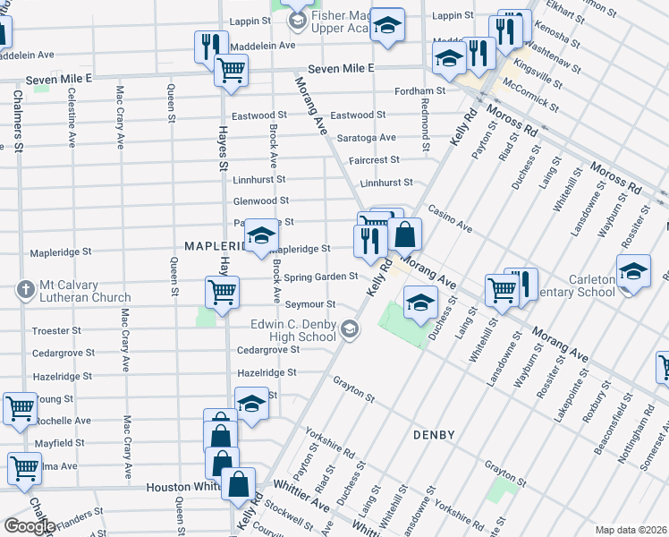 map of restaurants, bars, coffee shops, grocery stores, and more near 15510 Mapleridge Street in Detroit