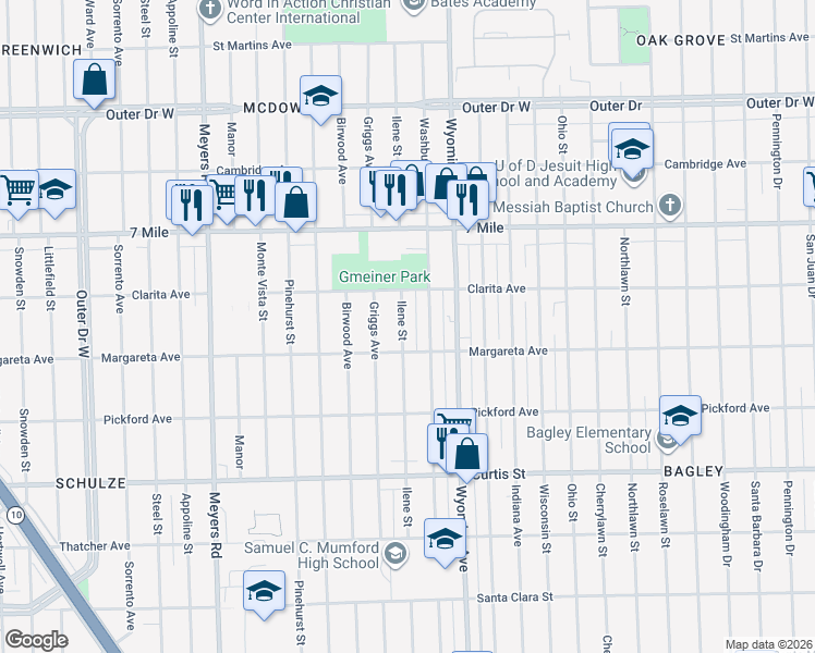 map of restaurants, bars, coffee shops, grocery stores, and more near 18680 Ilene Street in Detroit