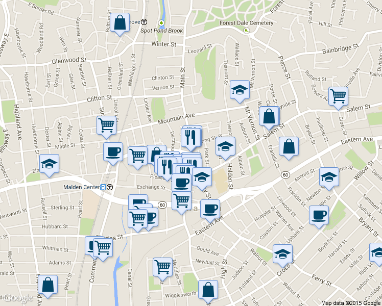 map of restaurants, bars, coffee shops, grocery stores, and more near Main St & Florence St in Malden