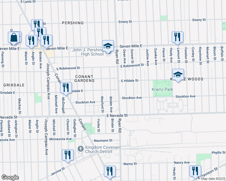 map of restaurants, bars, coffee shops, grocery stores, and more near 18474 Binder Street in Detroit