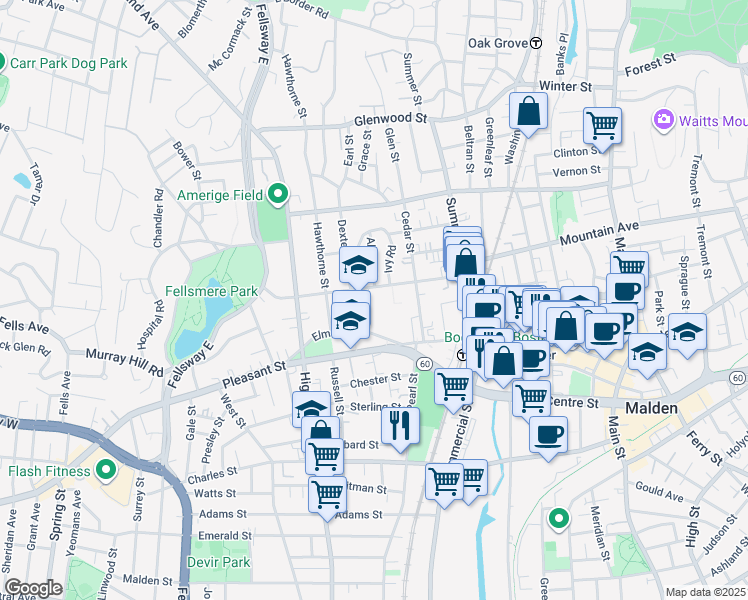 map of restaurants, bars, coffee shops, grocery stores, and more near 108 Maple Street in Malden