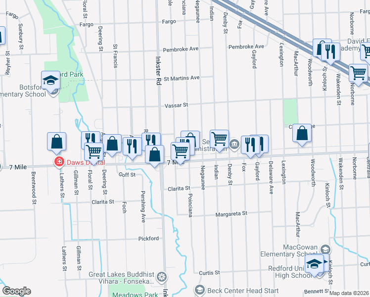 map of restaurants, bars, coffee shops, grocery stores, and more near 19188 Seminole in Redford Charter Township