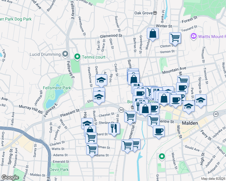 map of restaurants, bars, coffee shops, grocery stores, and more near 90 Maple Street in Malden