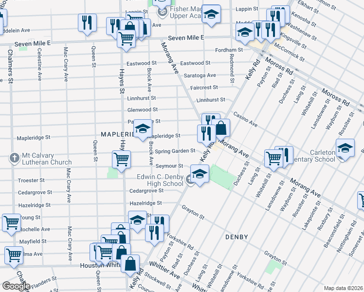 map of restaurants, bars, coffee shops, grocery stores, and more near 15510 Mapleridge Street in Detroit