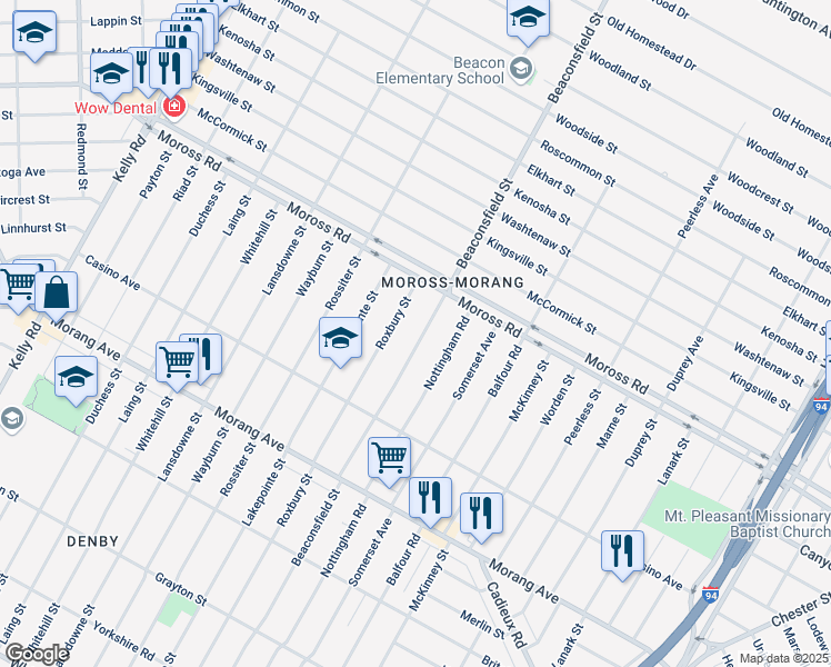 map of restaurants, bars, coffee shops, grocery stores, and more near 11781 Beaconsfield Street in Detroit