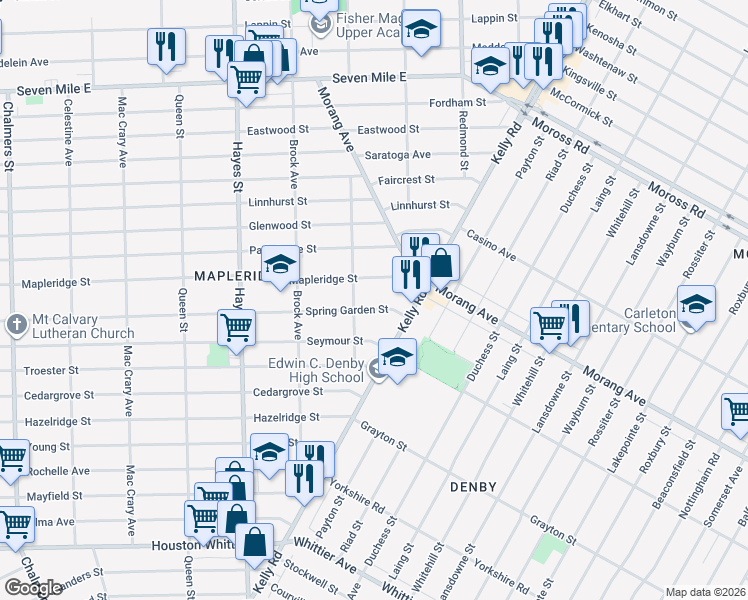 map of restaurants, bars, coffee shops, grocery stores, and more near 15670 Mapleridge Street in Detroit