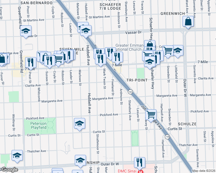 map of restaurants, bars, coffee shops, grocery stores, and more near 18904 Mark Twain Street in Detroit