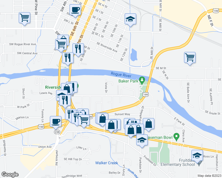 map of restaurants, bars, coffee shops, grocery stores, and more near 1029 Vista Drive in Grants Pass