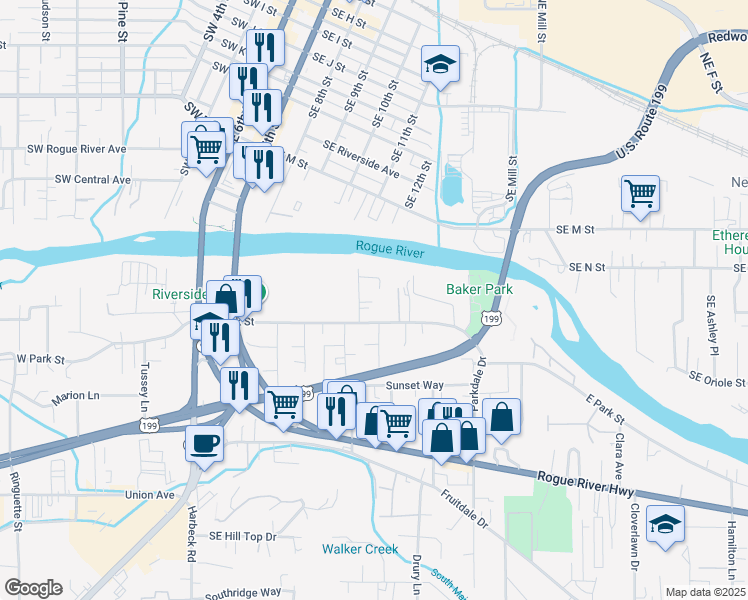 map of restaurants, bars, coffee shops, grocery stores, and more near 1011 Vista Drive in Grants Pass