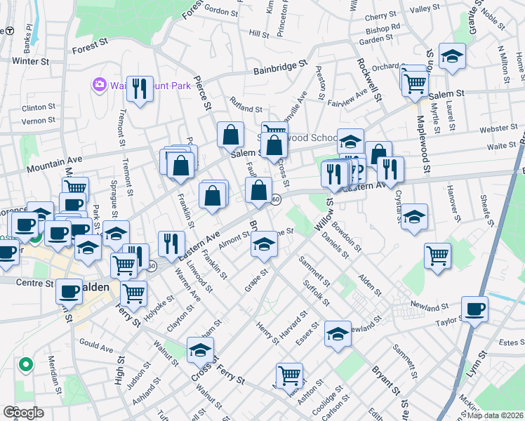 map of restaurants, bars, coffee shops, grocery stores, and more near 481 Eastern Avenue in Malden