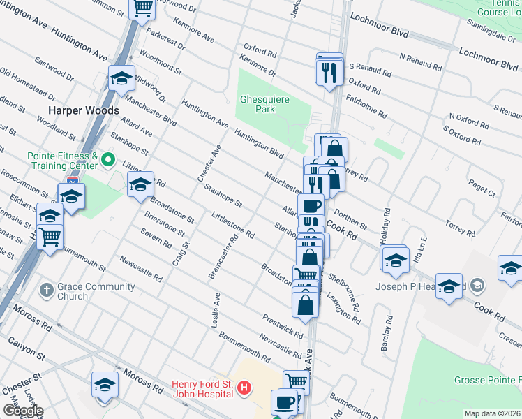 map of restaurants, bars, coffee shops, grocery stores, and more near 1818 Allard Avenue in Grosse Pointe Woods