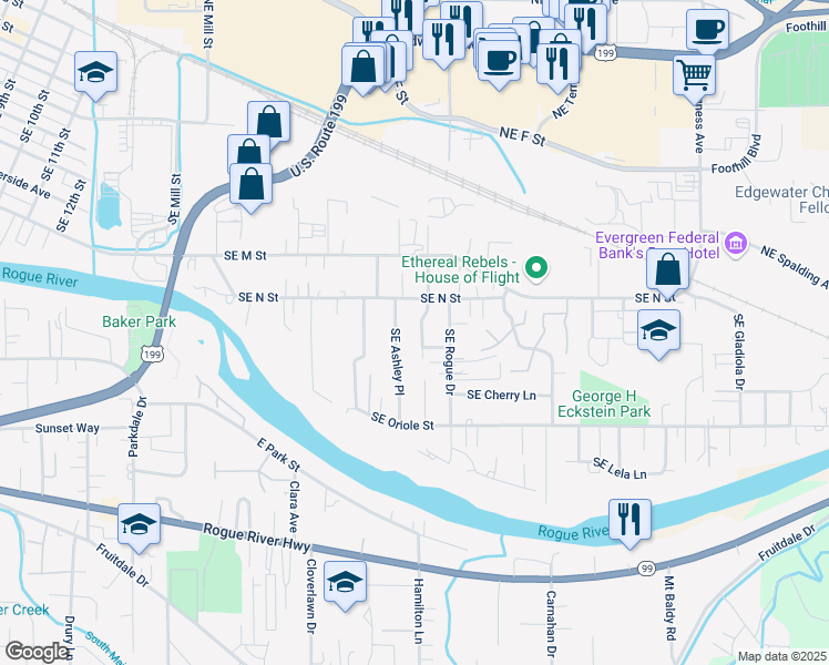 map of restaurants, bars, coffee shops, grocery stores, and more near 1014 Southeast Fern Street in Grants Pass