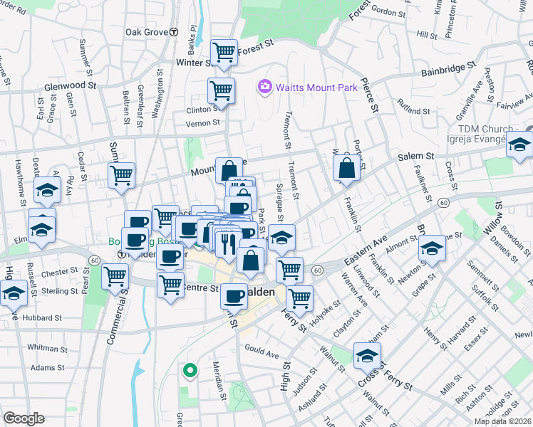 map of restaurants, bars, coffee shops, grocery stores, and more near 43 Park Street in Malden