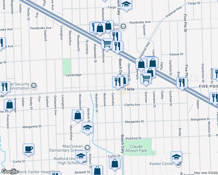 map of restaurants, bars, coffee shops, grocery stores, and more near 19144 Norborne in Redford Charter Township