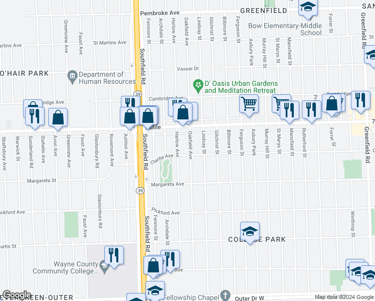 map of restaurants, bars, coffee shops, grocery stores, and more near 18911 Oakfield Avenue in Detroit