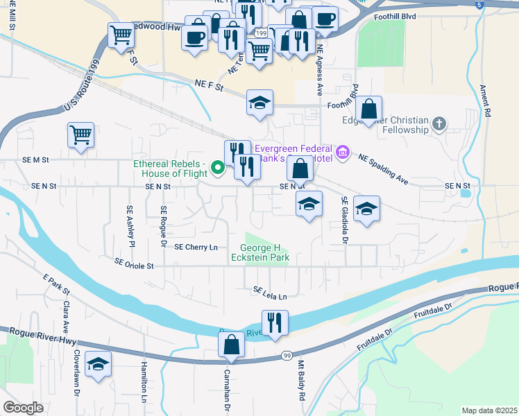 map of restaurants, bars, coffee shops, grocery stores, and more near 1713 Southeast Softwood Way in Grants Pass