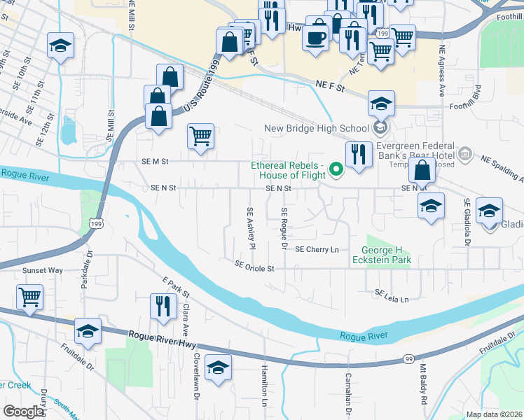 map of restaurants, bars, coffee shops, grocery stores, and more near 1014 Southeast Fern Street in Grants Pass