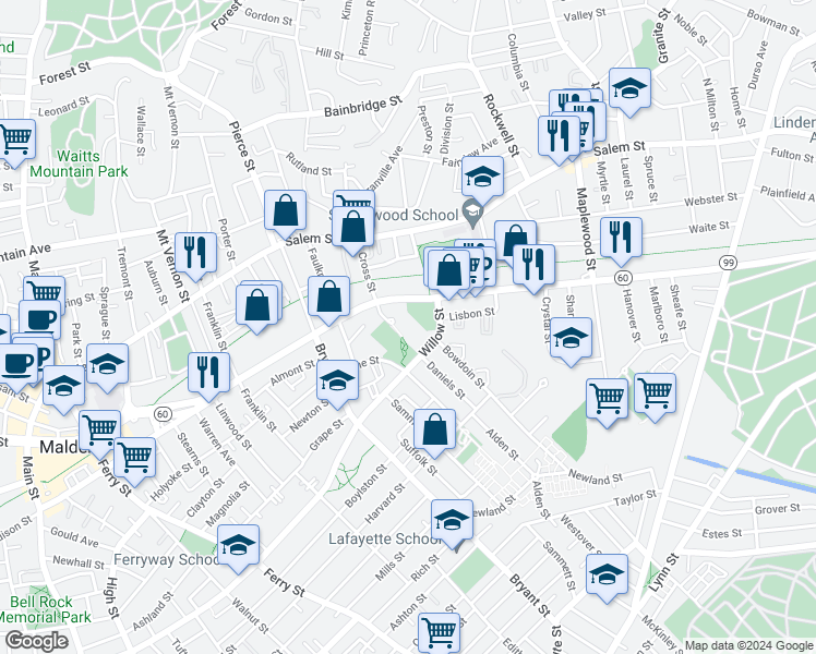 map of restaurants, bars, coffee shops, grocery stores, and more near 20 Daniels Street in Malden