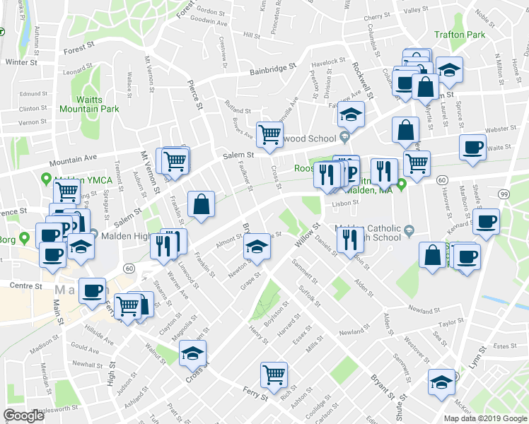 map of restaurants, bars, coffee shops, grocery stores, and more near 501 Eastern Avenue in Malden