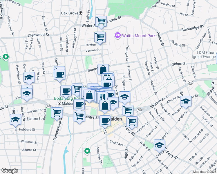 map of restaurants, bars, coffee shops, grocery stores, and more near 555 Main Street in Malden