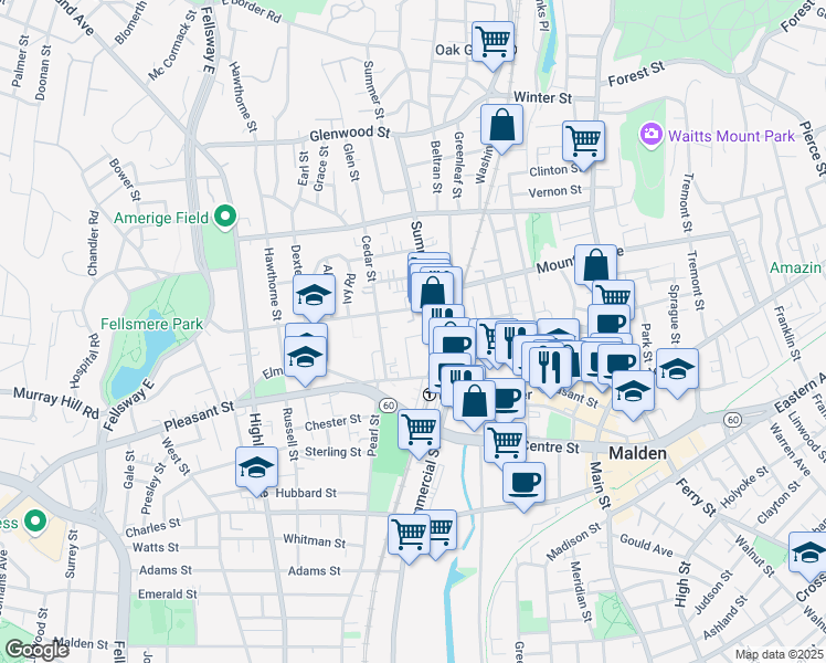map of restaurants, bars, coffee shops, grocery stores, and more near 30-32 Maple Street in Malden