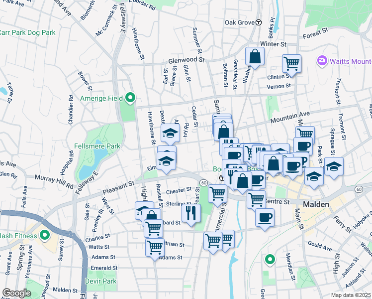 map of restaurants, bars, coffee shops, grocery stores, and more near 96 Maple Street in Malden