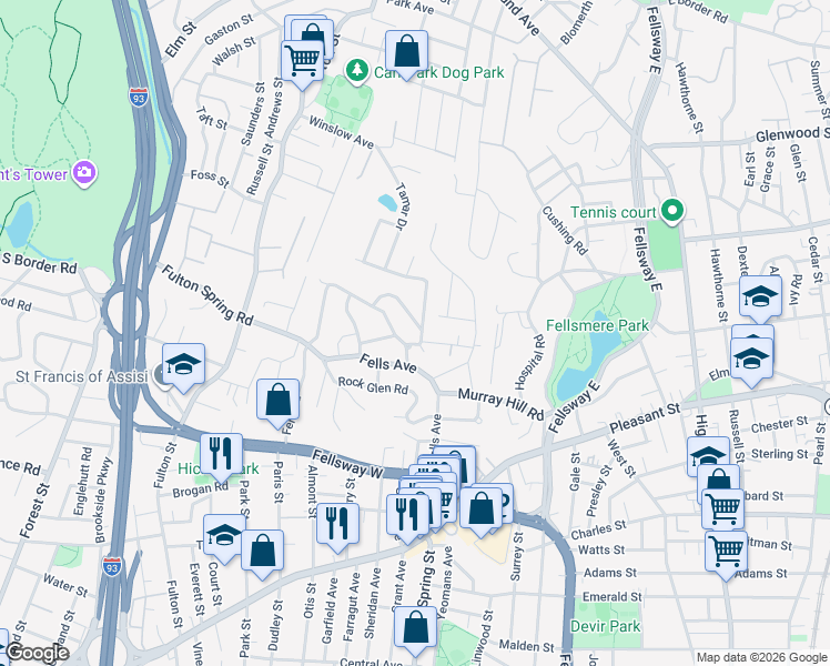 map of restaurants, bars, coffee shops, grocery stores, and more near 20 Howard Road in Medford