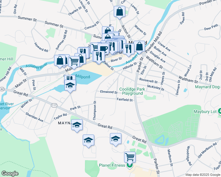 map of restaurants, bars, coffee shops, grocery stores, and more near 3 Dartmouth Court in Maynard
