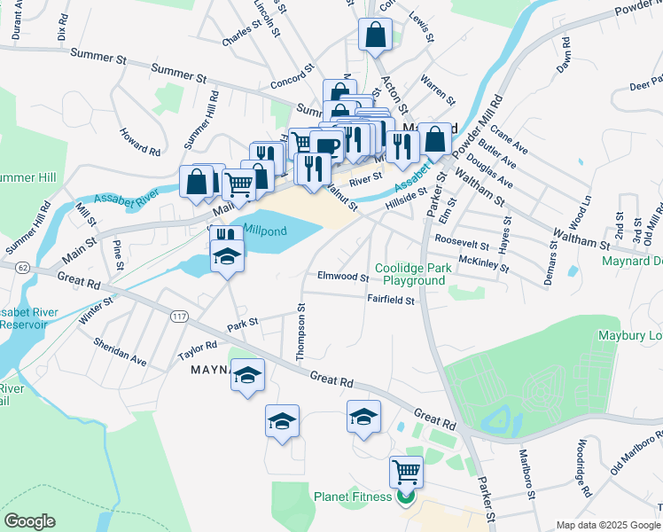 map of restaurants, bars, coffee shops, grocery stores, and more near 3 Dartmouth Court in Maynard