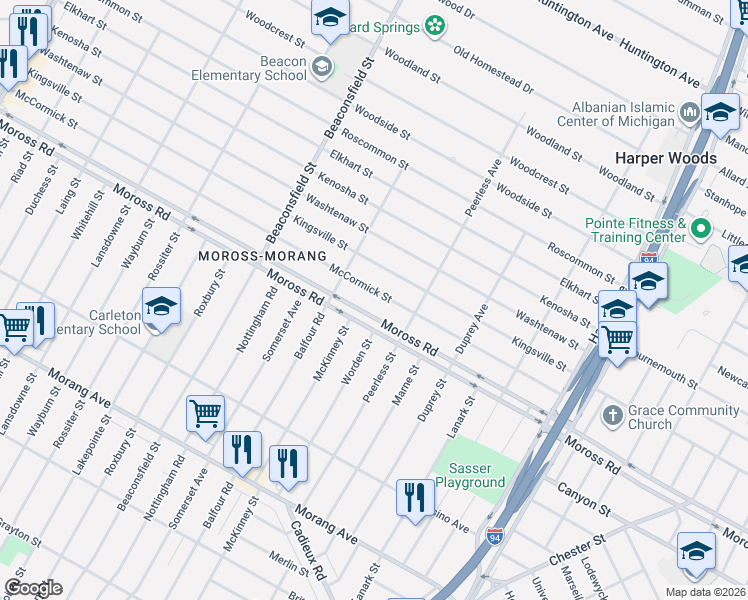 map of restaurants, bars, coffee shops, grocery stores, and more near 19967 McCormick Street in Detroit