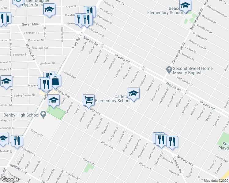 map of restaurants, bars, coffee shops, grocery stores, and more near 12276 Lansdowne Street in Detroit