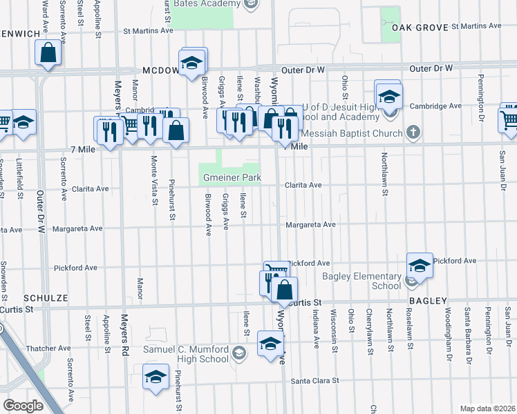 map of restaurants, bars, coffee shops, grocery stores, and more near 18680 Washburn Street in Detroit