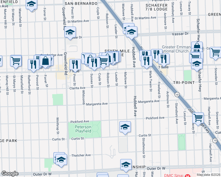 map of restaurants, bars, coffee shops, grocery stores, and more near 18915 Lauder Street in Detroit
