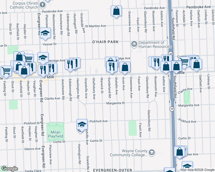 map of restaurants, bars, coffee shops, grocery stores, and more near 18763 Sunderland Road in Detroit