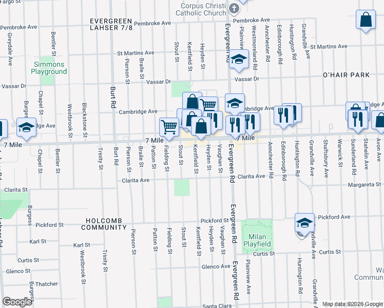 map of restaurants, bars, coffee shops, grocery stores, and more near 19030 Stout Street in Detroit