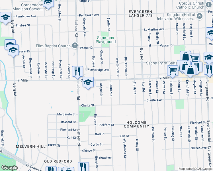 map of restaurants, bars, coffee shops, grocery stores, and more near in Detroit