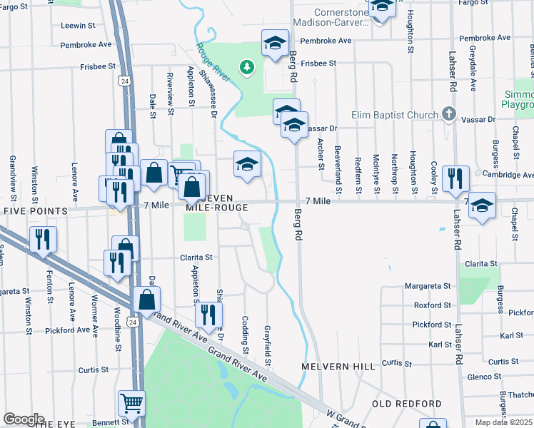 map of restaurants, bars, coffee shops, grocery stores, and more near 22901 West 7 Mile Road in Detroit