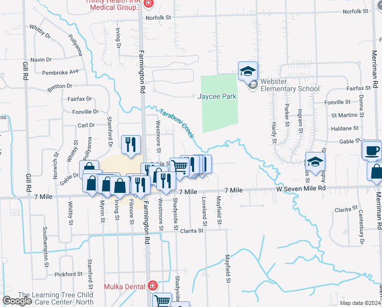 map of restaurants, bars, coffee shops, grocery stores, and more near 19486 Mayfield Avenue in Livonia