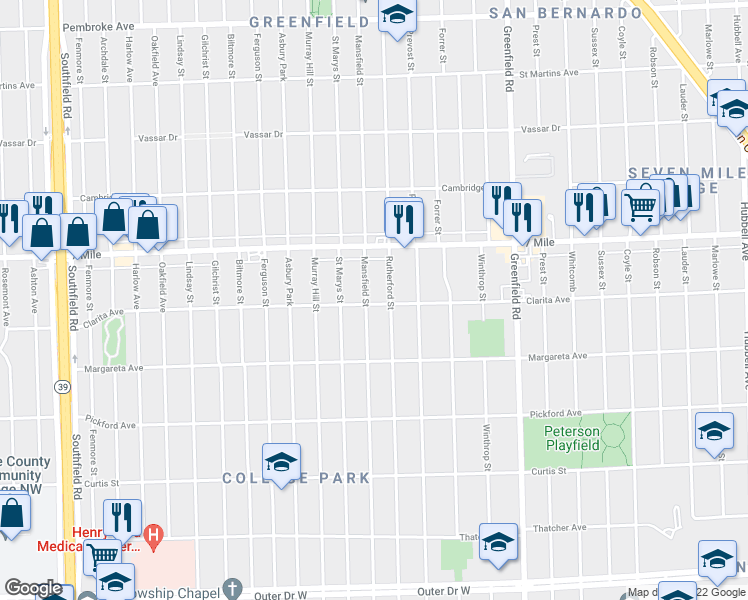 map of restaurants, bars, coffee shops, grocery stores, and more near 18900 Mansfield Street in Detroit