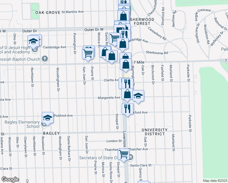 map of restaurants, bars, coffee shops, grocery stores, and more near 18639 Stoepel Street in Detroit