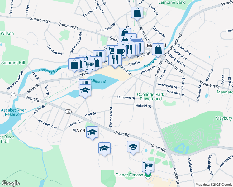 map of restaurants, bars, coffee shops, grocery stores, and more near 23 Thompson Street in Maynard