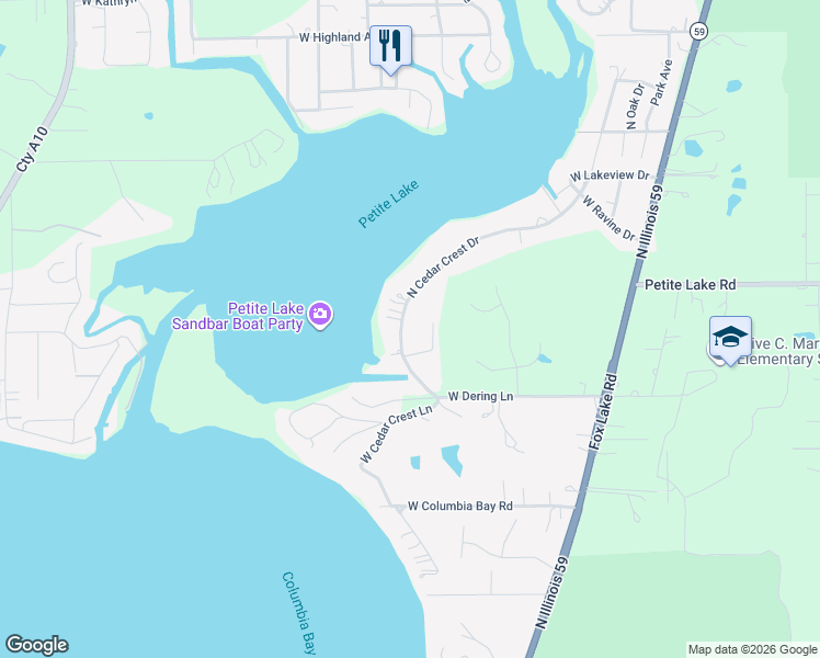 map of restaurants, bars, coffee shops, grocery stores, and more near 38903 North Cedarcrest Drive in Lake Villa