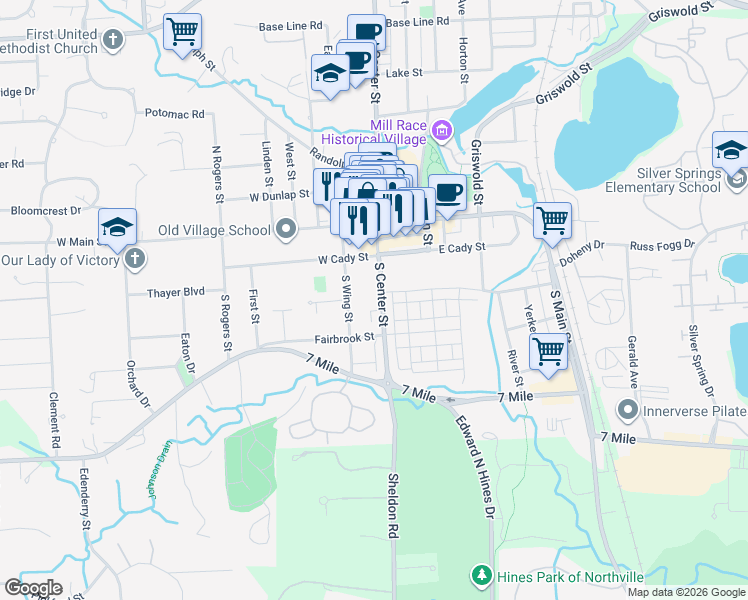 map of restaurants, bars, coffee shops, grocery stores, and more near 242 South Center Street in Northville