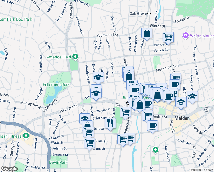 map of restaurants, bars, coffee shops, grocery stores, and more near 96 Maple Street in Malden