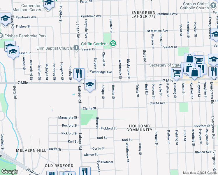 map of restaurants, bars, coffee shops, grocery stores, and more near in Detroit