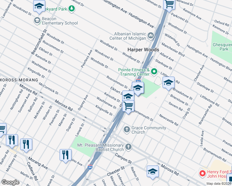 map of restaurants, bars, coffee shops, grocery stores, and more near 20641 Elkhart Street in Harper Woods