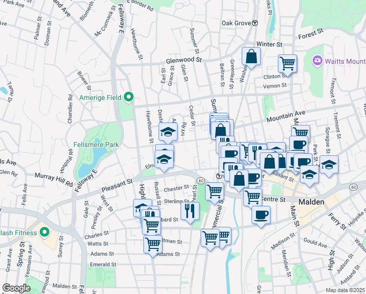 map of restaurants, bars, coffee shops, grocery stores, and more near 96 Maple Street in Malden