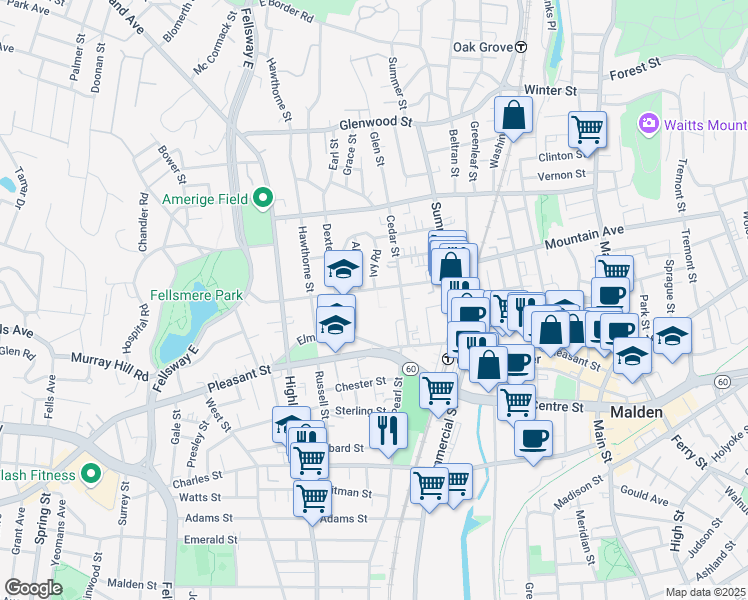 map of restaurants, bars, coffee shops, grocery stores, and more near 94 Maple Street in Malden